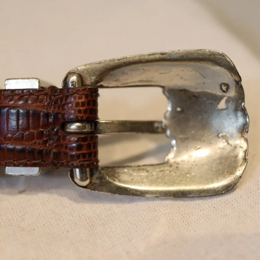 Arden Leather Lizard Embossed Calfskin Belt Brown, Silver hardware size Large